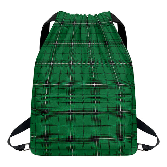 Green Stewart Tartan Print Drawstring Backpack
