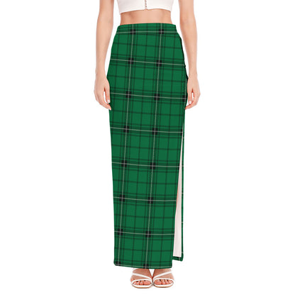 Green Stewart Tartan Print High Slit Maxi Skirt
