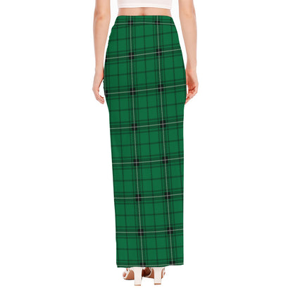 Green Stewart Tartan Print High Slit Maxi Skirt