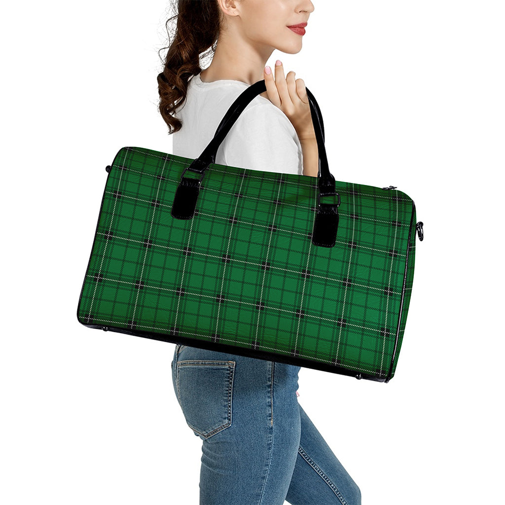 Green Stewart Tartan Print Leather Duffle Bag