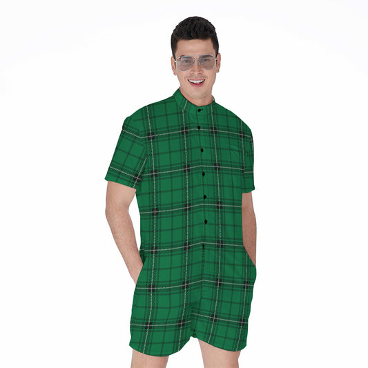 Green Stewart Tartan Print Men's Rompers