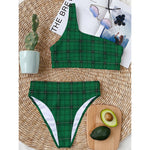 Green Stewart Tartan Print One Shoulder Bikini Top