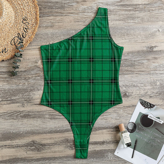 Green Stewart Tartan Print One Shoulder Bodysuit