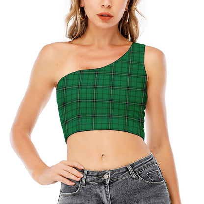 Green Stewart Tartan Print One Shoulder Crop Top