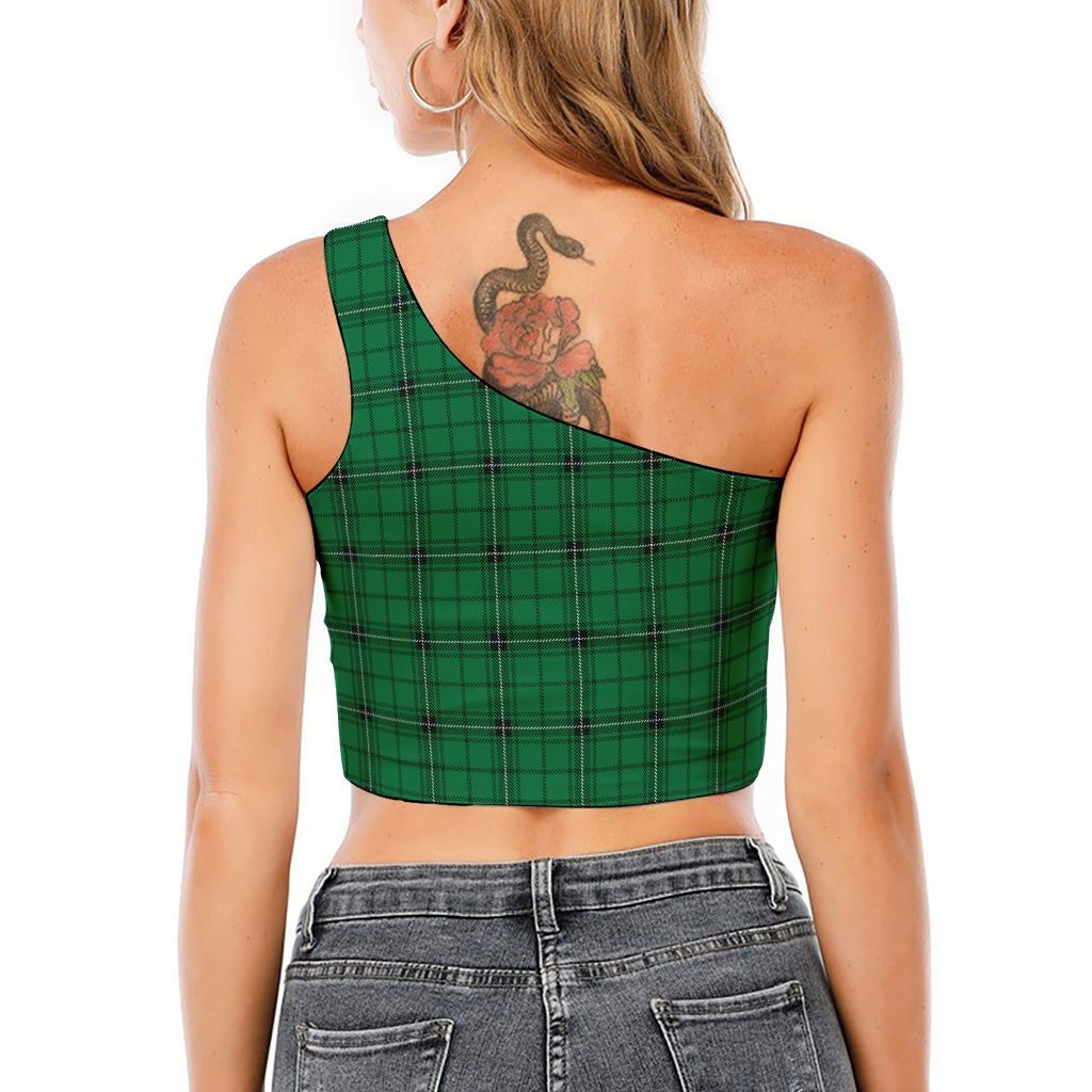 Green Stewart Tartan Print One Shoulder Crop Top