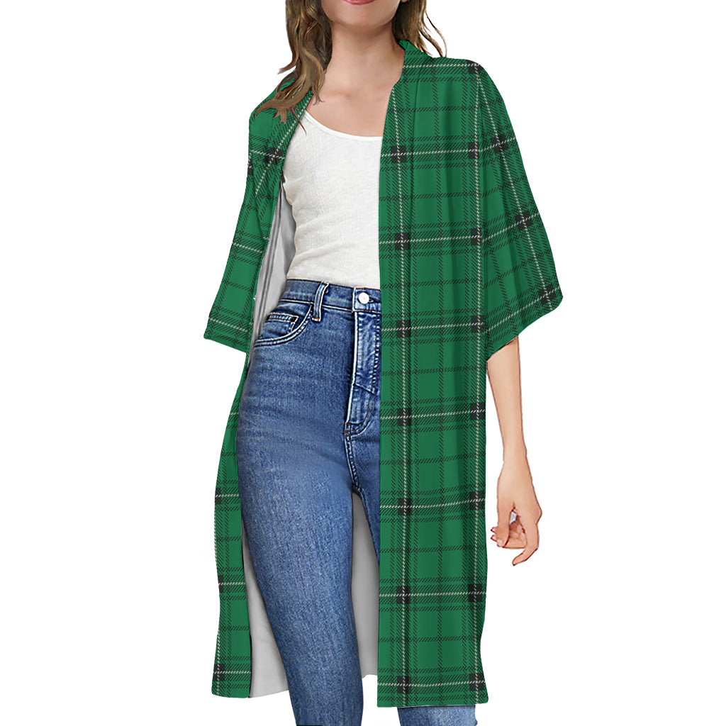 Green Stewart Tartan Print Open Front Beach Cover Up