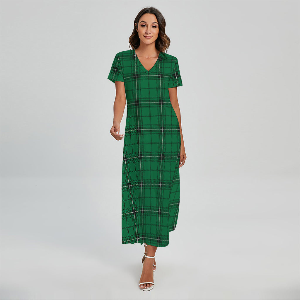 Green Stewart Tartan Print Short Sleeve Maxi Dress
