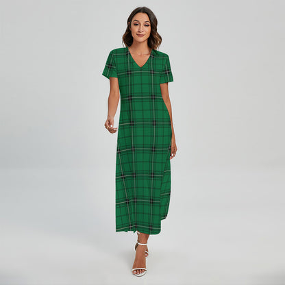 Green Stewart Tartan Print Short Sleeve Maxi Dress