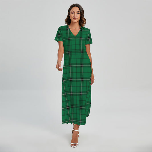 Green Stewart Tartan Print Short Sleeve Maxi Dress