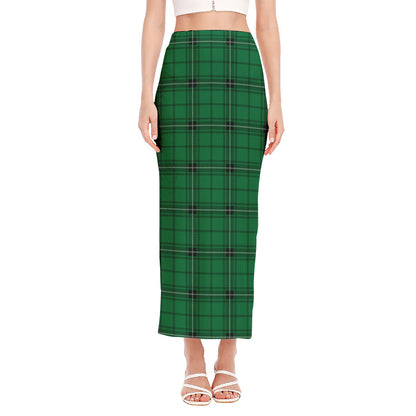 Green Stewart Tartan Print Side Slit Maxi Skirt