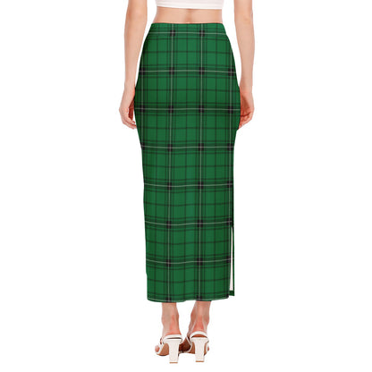 Green Stewart Tartan Print Side Slit Maxi Skirt