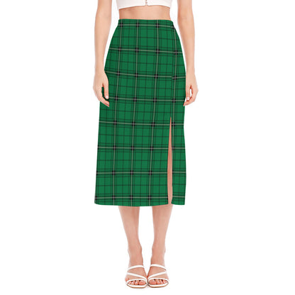 Green Stewart Tartan Print Side Slit Midi Skirt