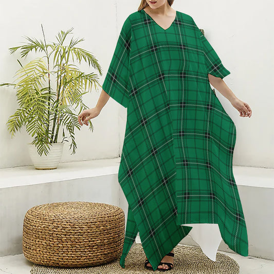 Green Stewart Tartan Print Silk V-Neck Kaftan Dress