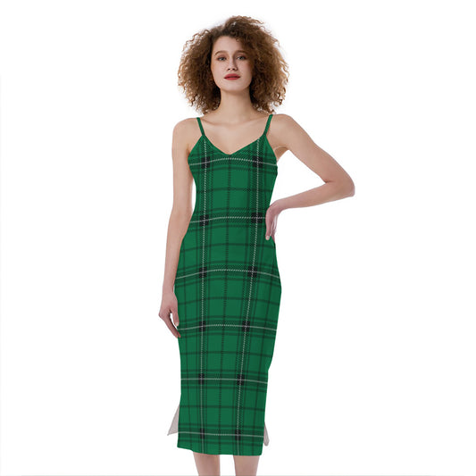 Green Stewart Tartan Print Slim Fit Midi Cami Dress