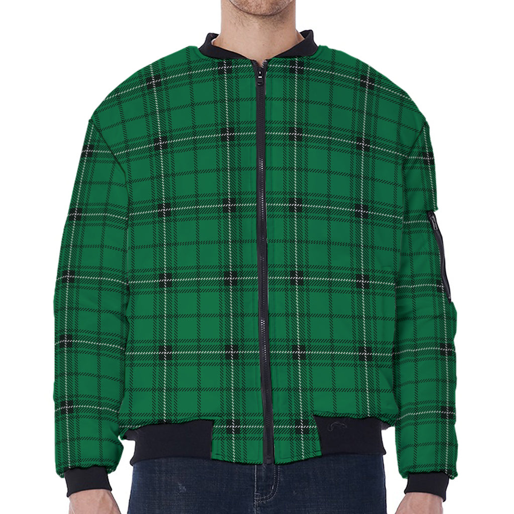 Green Stewart Tartan Print Zip Sleeve Bomber Jacket