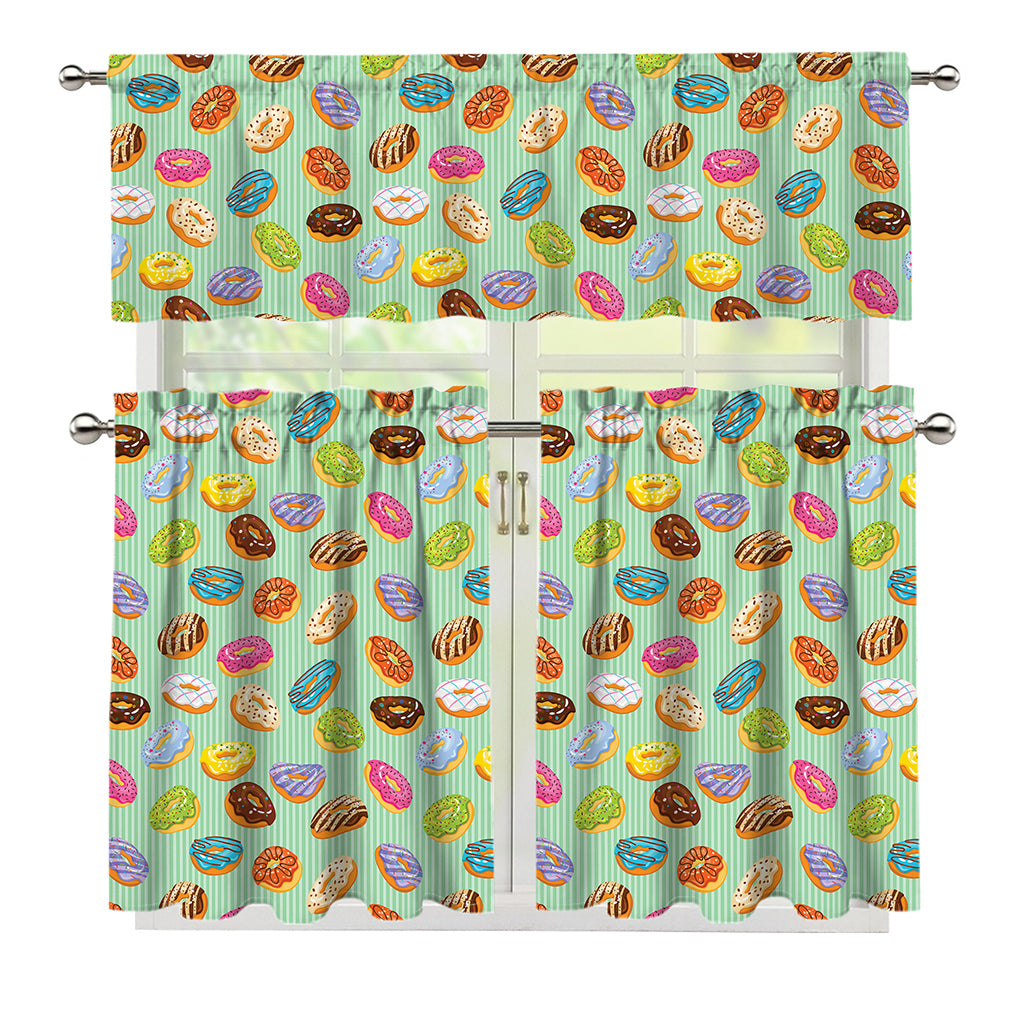Green Striped Donut Pattern Print 3 Piece Kitchen Curtains