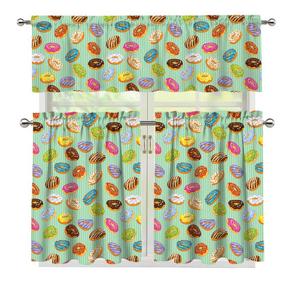 Green Striped Donut Pattern Print 3 Piece Kitchen Curtains