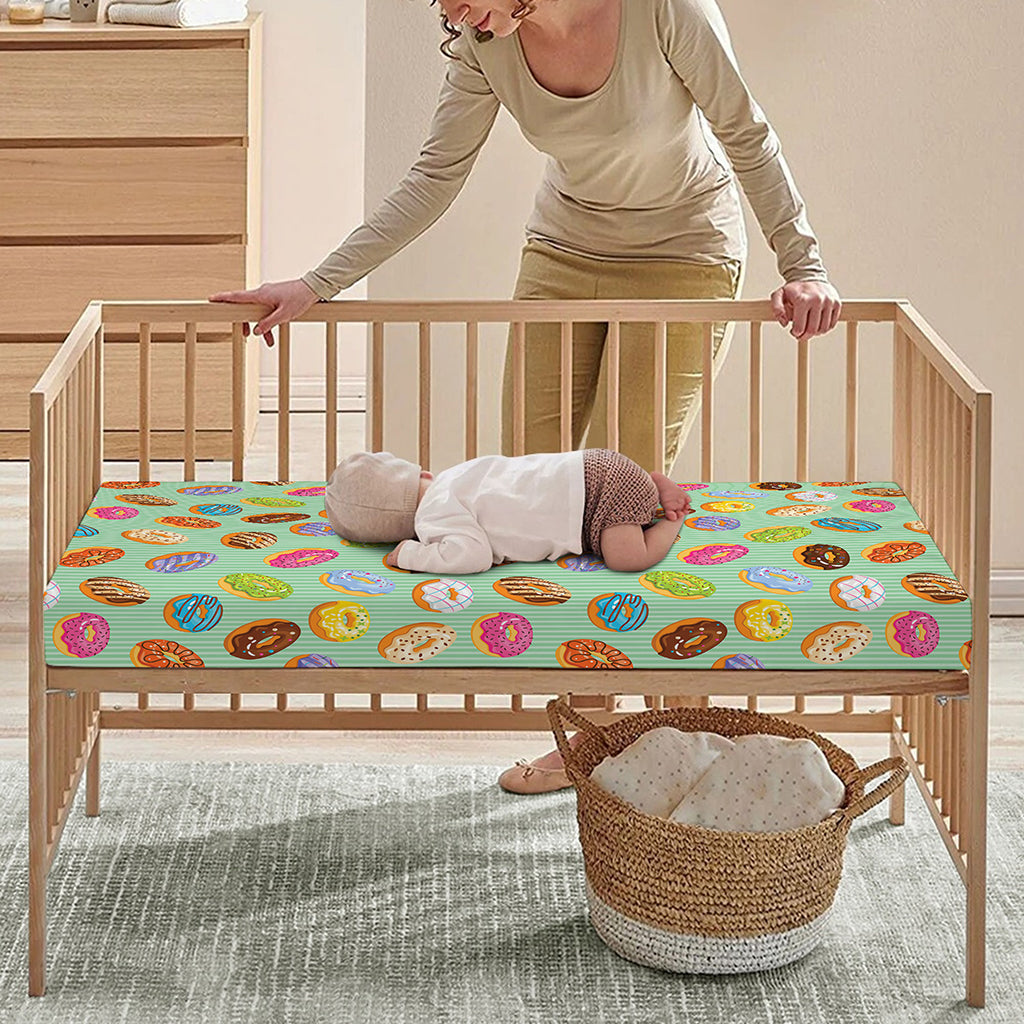 Green Striped Donut Pattern Print Baby Crib Sheet