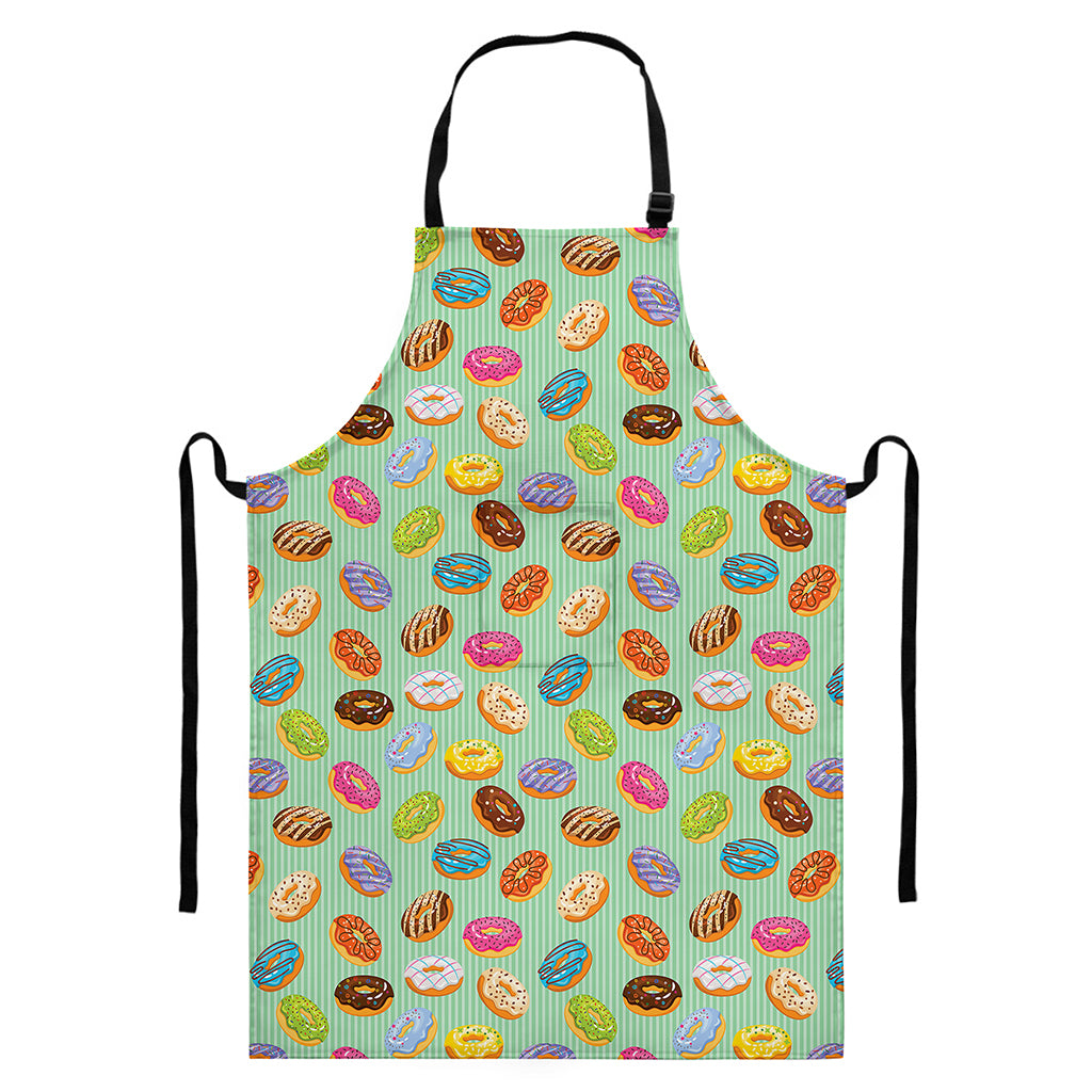 Green Striped Donut Pattern Print Bib Apron With Pocket