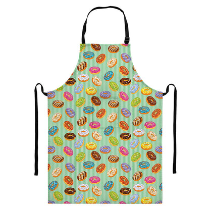 Green Striped Donut Pattern Print Bib Apron With Pocket