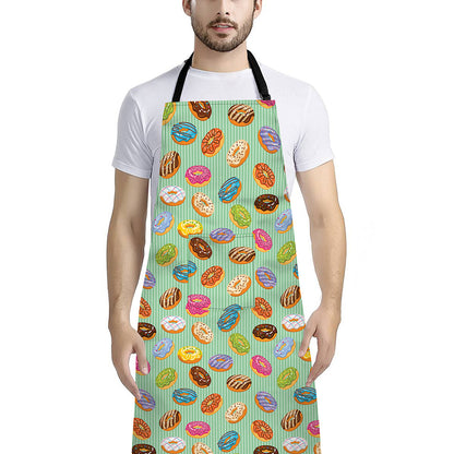 Green Striped Donut Pattern Print Bib Apron With Pocket