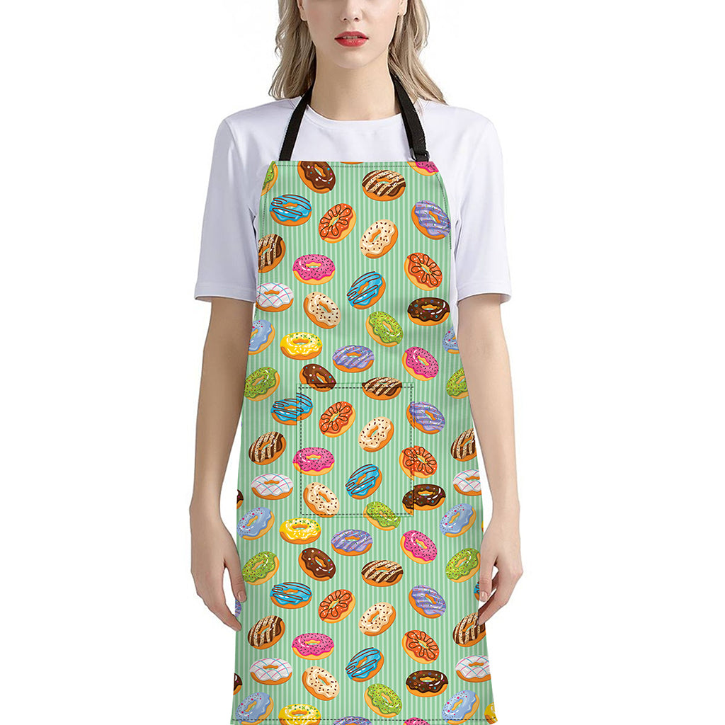 Green Striped Donut Pattern Print Bib Apron With Pocket