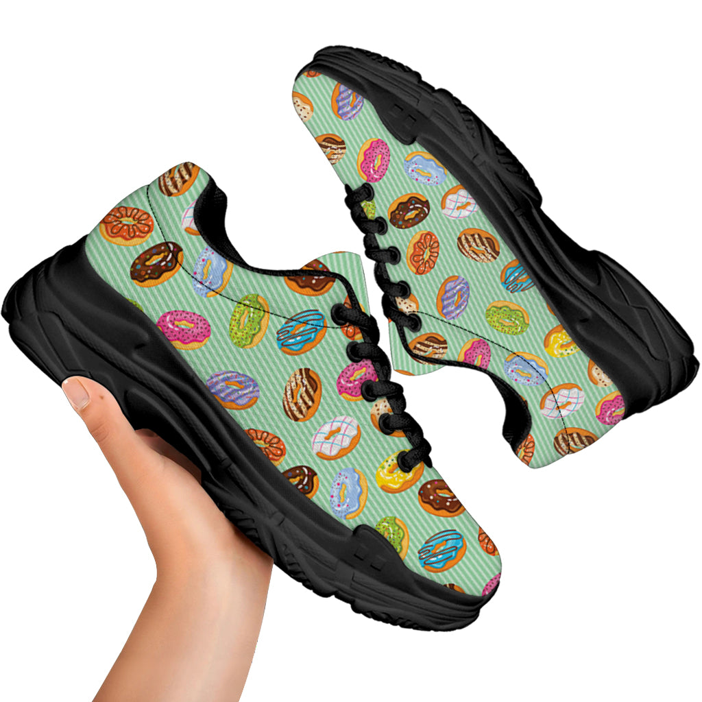 Green Striped Donut Pattern Print Black Chunky Shoes