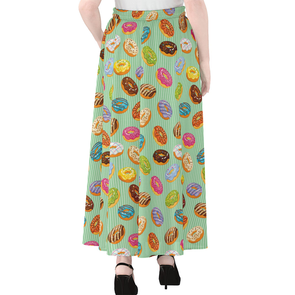 Green Striped Donut Pattern Print Chiffon Maxi Skirt