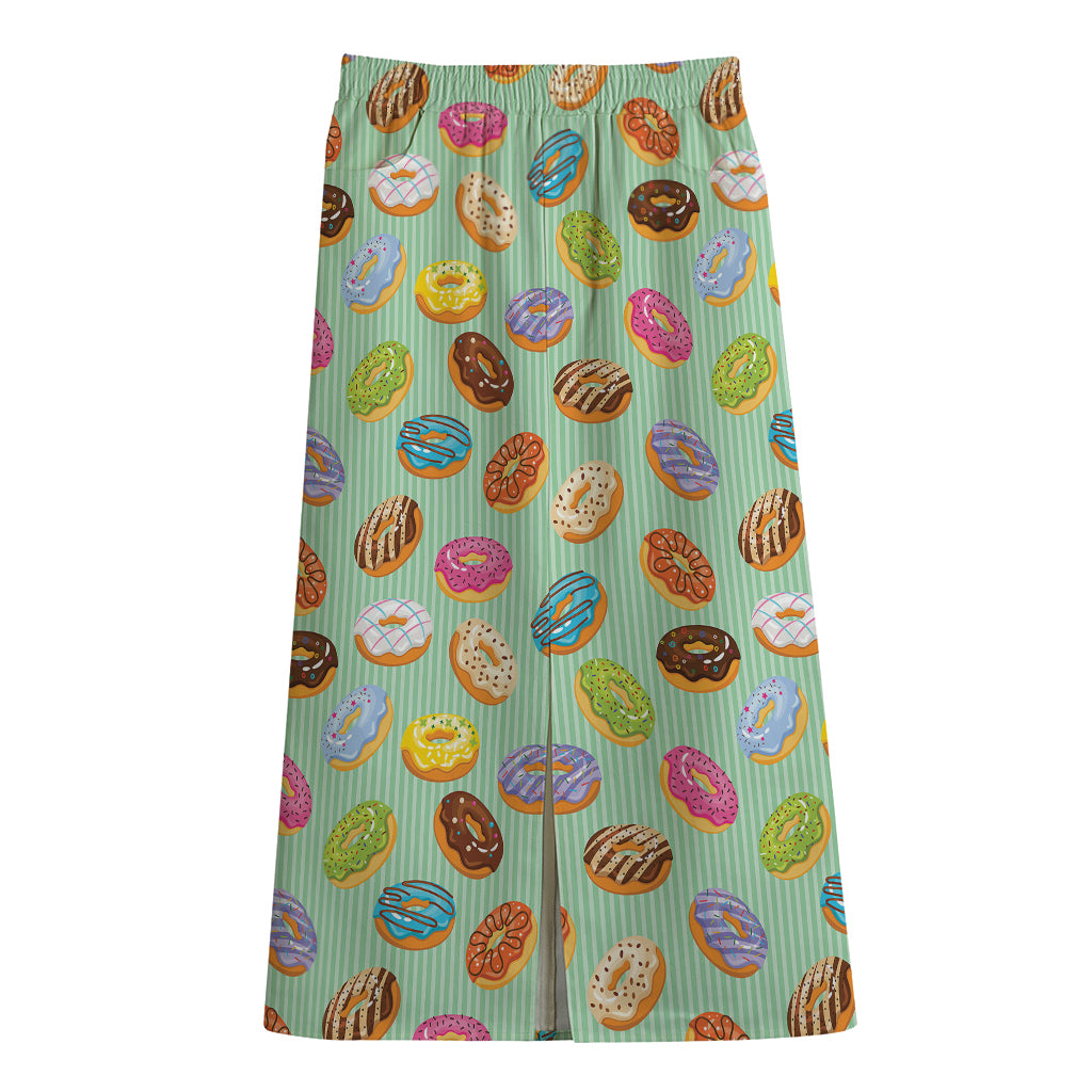 Green Striped Donut Pattern Print Cotton Front Slit Maxi Skirt