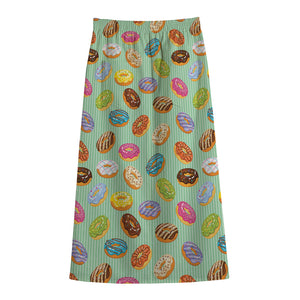 Green Striped Donut Pattern Print Cotton Front Slit Maxi Skirt