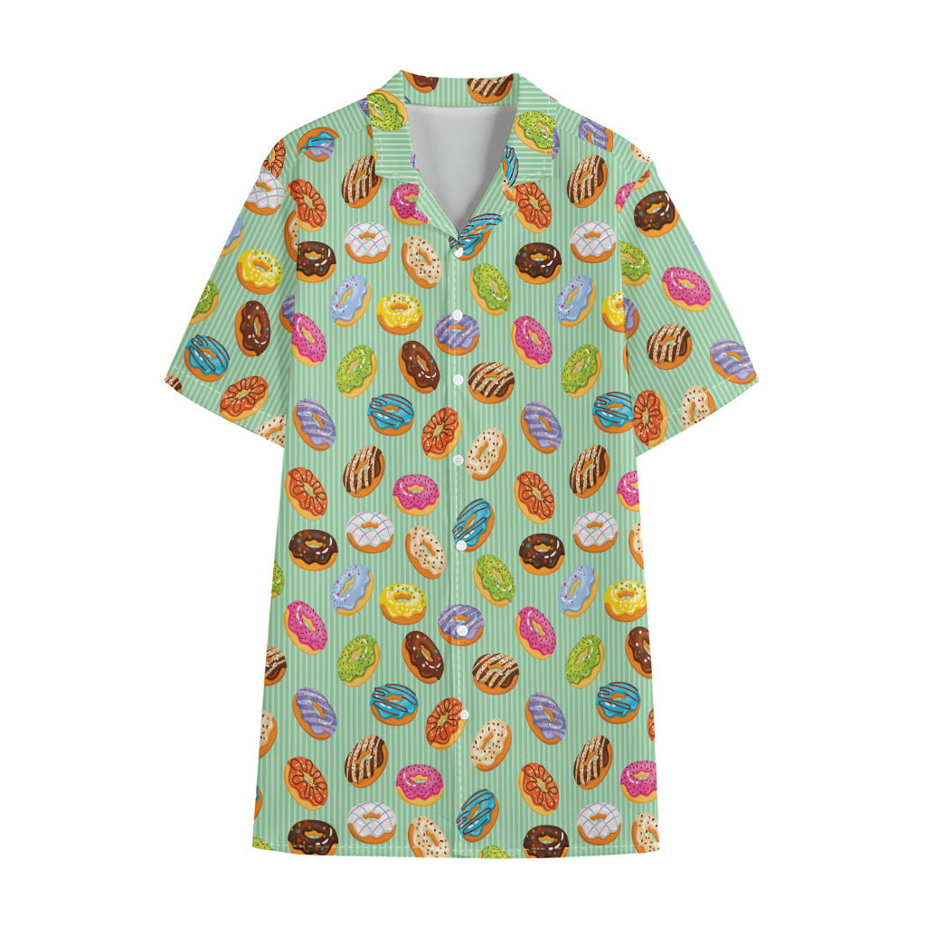 Green Striped Donut Pattern Print Cotton Hawaiian Shirt