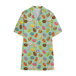 Green Striped Donut Pattern Print Cotton Hawaiian Shirt