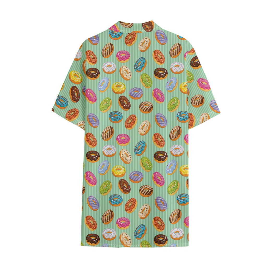 Green Striped Donut Pattern Print Cotton Hawaiian Shirt