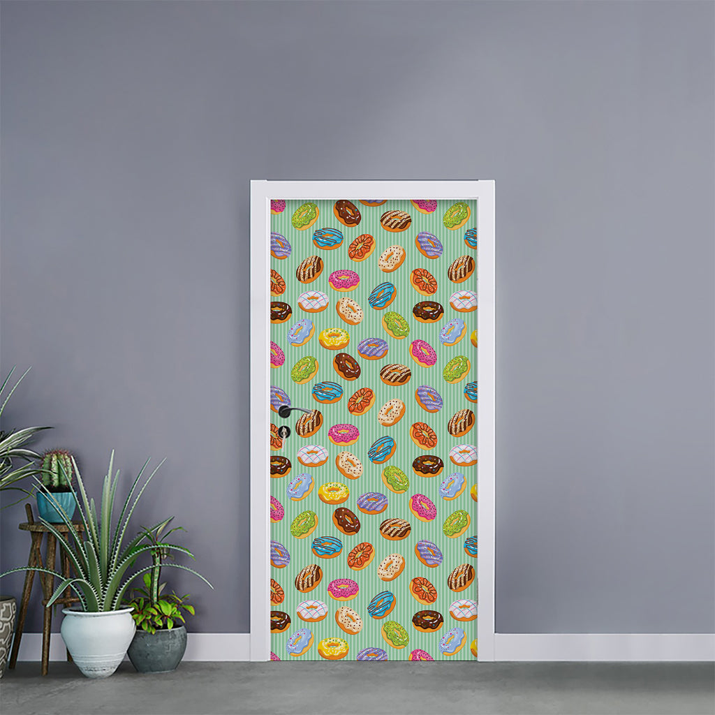 Green Striped Donut Pattern Print Door Sticker