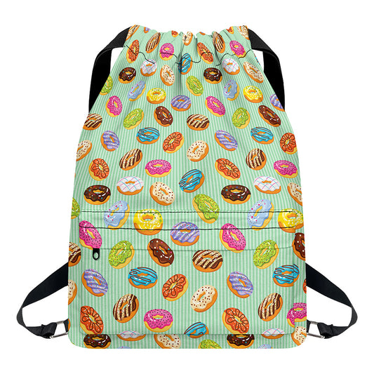 Green Striped Donut Pattern Print Drawstring Backpack