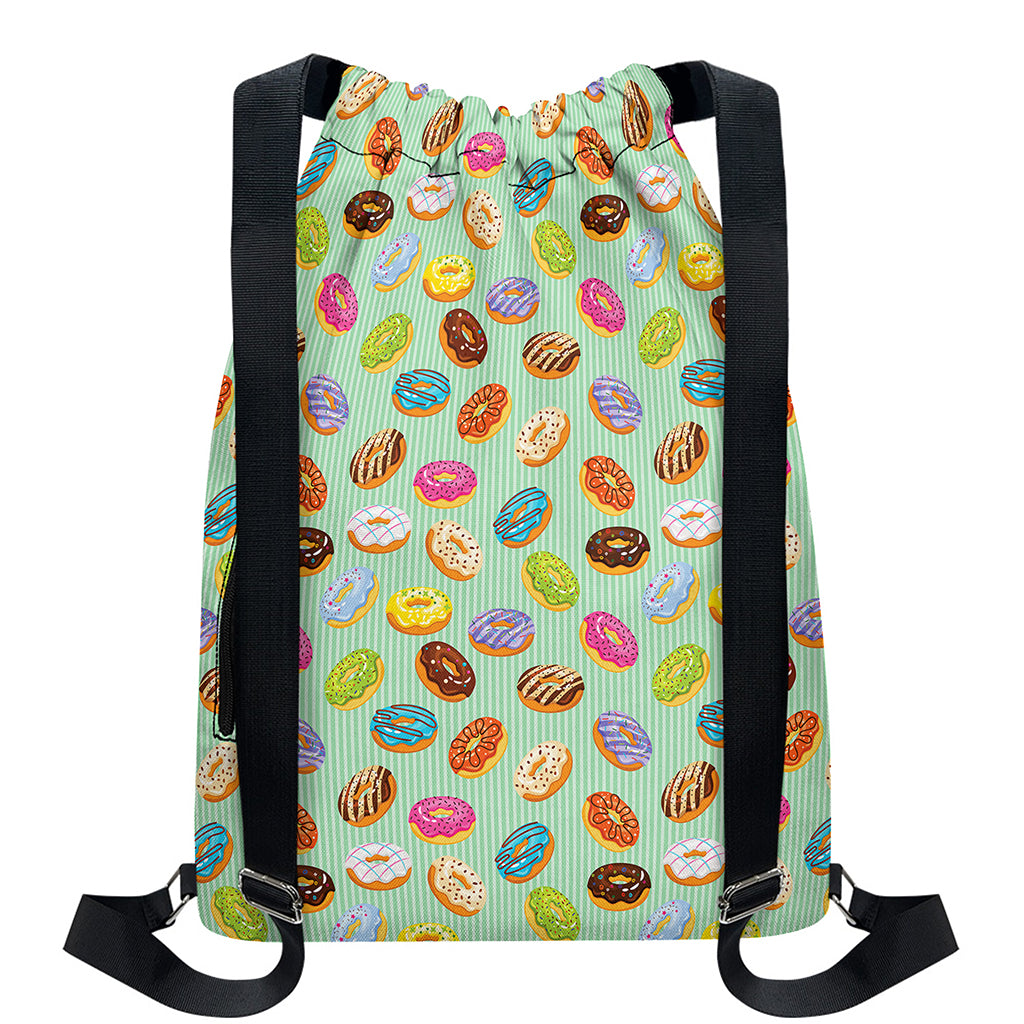 Green Striped Donut Pattern Print Drawstring Backpack