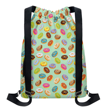 Green Striped Donut Pattern Print Drawstring Backpack