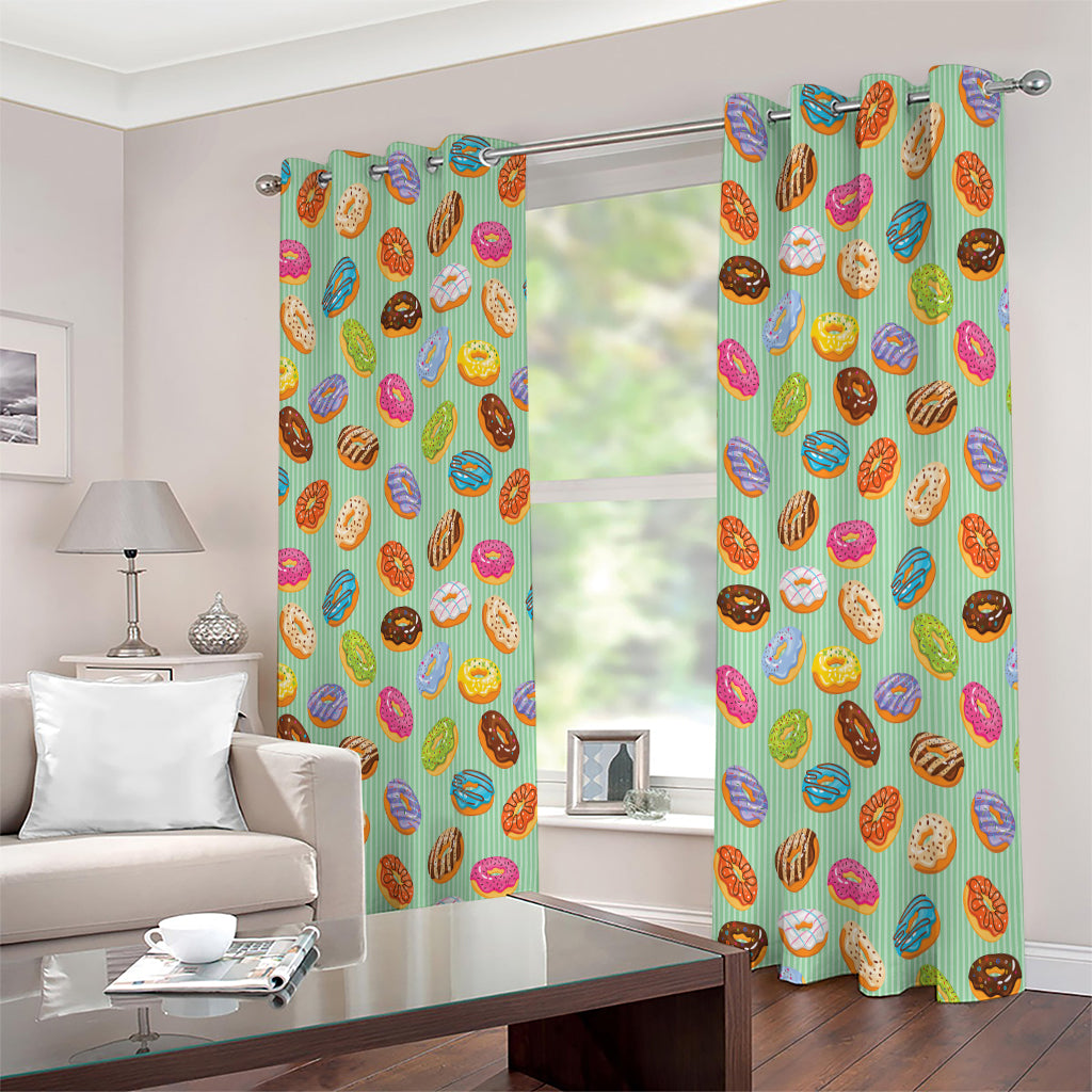 Green Striped Donut Pattern Print Extra Wide Grommet Curtains