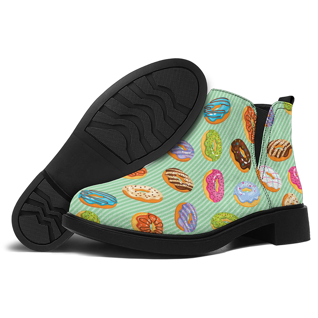 Green Striped Donut Pattern Print Flat Ankle Boots