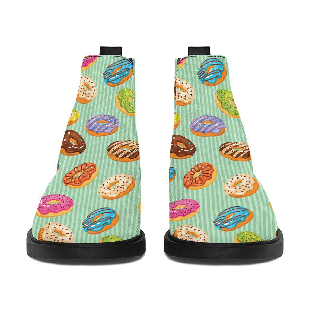 Green Striped Donut Pattern Print Flat Ankle Boots