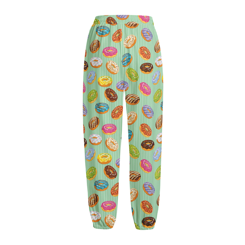 Green Striped Donut Pattern Print Fleece Lined Knit Pants