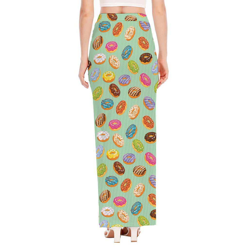 Green Striped Donut Pattern Print High Slit Maxi Skirt