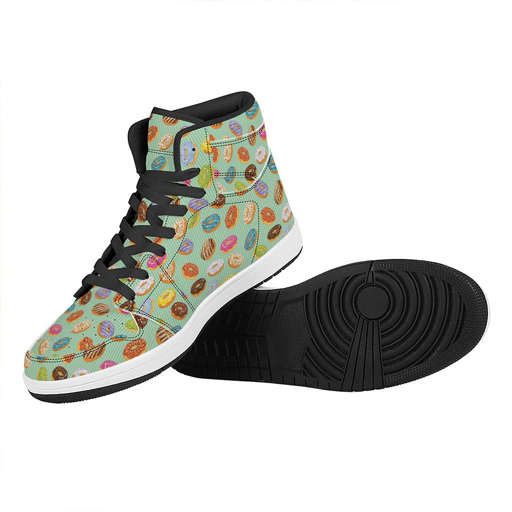 Green Striped Donut Pattern Print High Top Leather Sneakers