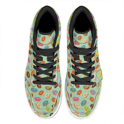 Green Striped Donut Pattern Print High Top Leather Sneakers
