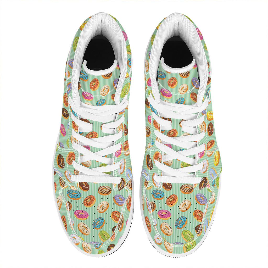 Green Striped Donut Pattern Print High Top Leather Sneakers