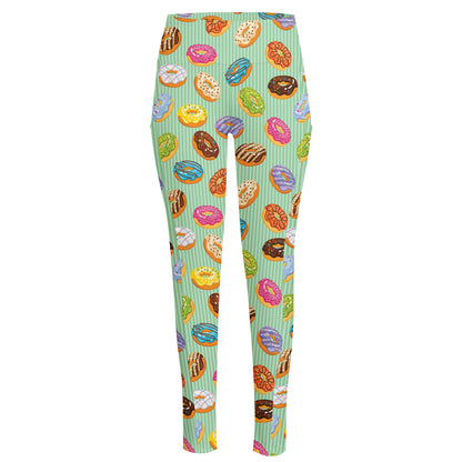 Green Striped Donut Pattern Print High-Waisted Pocket Leggings