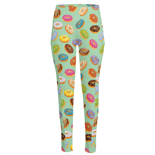 Green Striped Donut Pattern Print High-Waisted Pocket Leggings