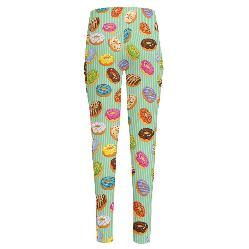 Green Striped Donut Pattern Print High-Waisted Pocket Leggings