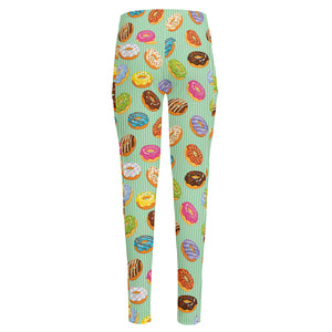 Green Striped Donut Pattern Print High-Waisted Pocket Leggings