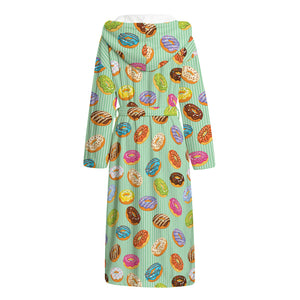 Green Striped Donut Pattern Print Hooded Bathrobe